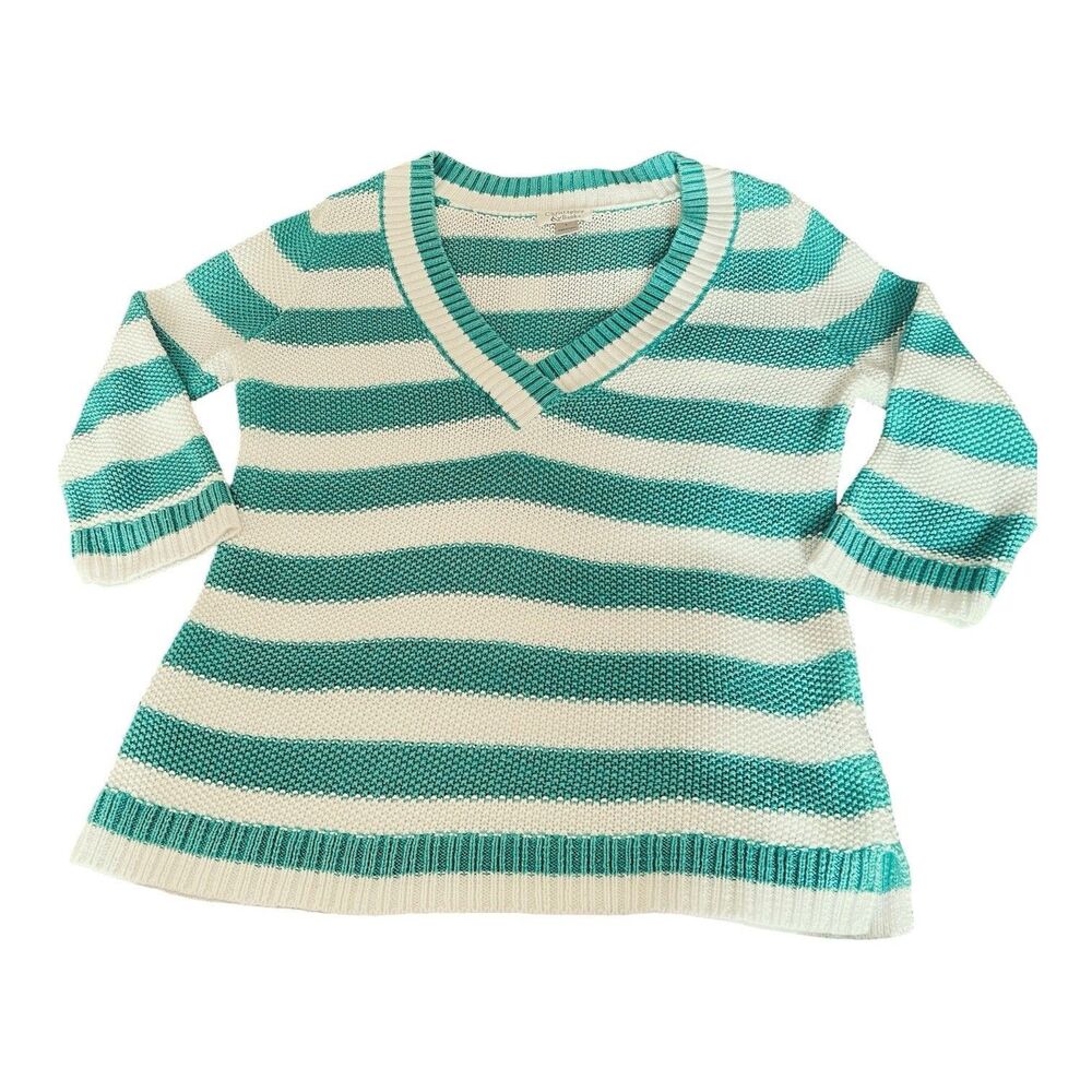 Christopher & Banks Deep V Neck Pullover Teal And White Stripe Sz L Oversize Y2K